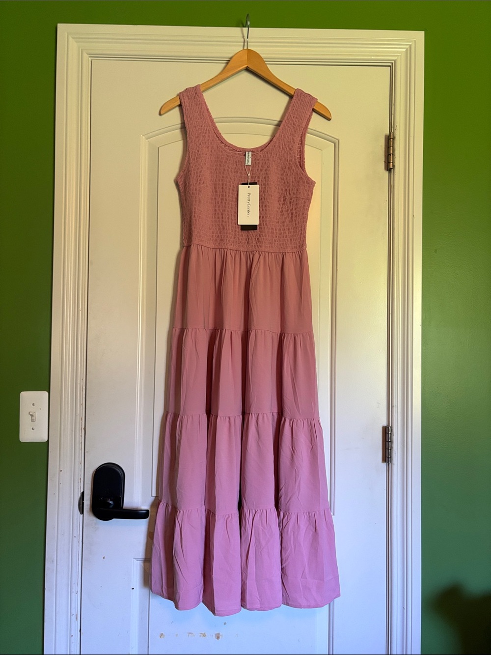 Pretty Garden Tiered Pink Maxi Dress with Smocked Bodice. Medium